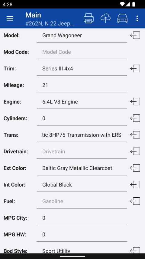 Main Vehicle Edit Screen