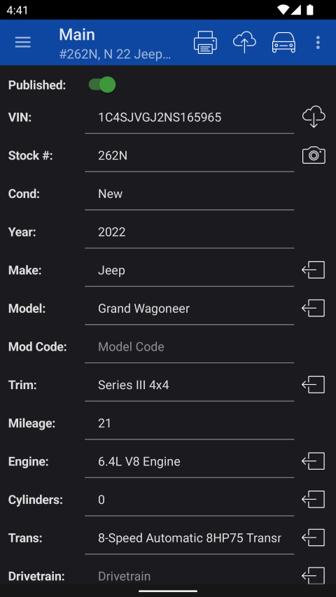Main Vehicle Edit Screen | SnapLot