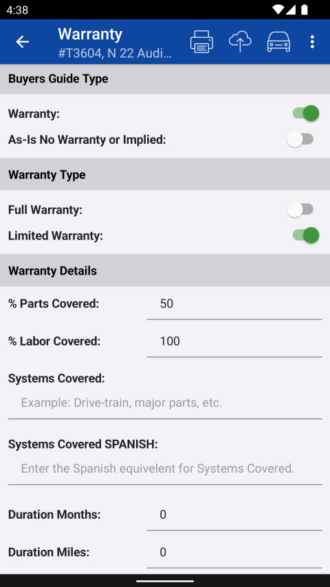 Select Warranty for Used Car Buyers Guide Label