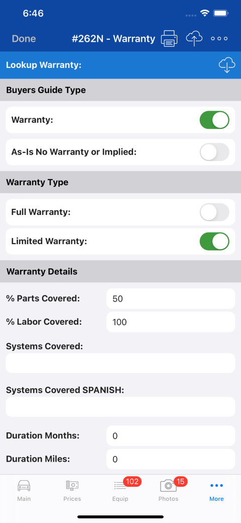 Assign Warranty to Used Car Buyers Guide Sticker