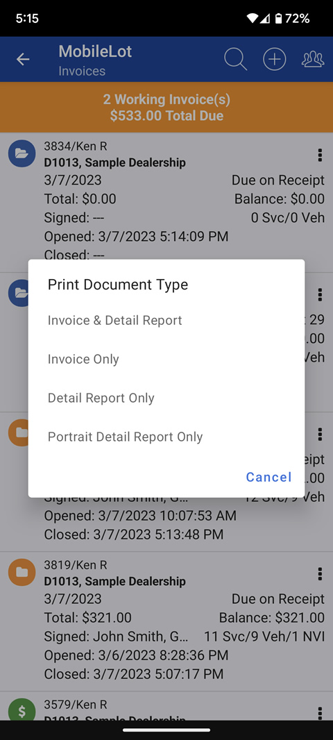 Invoice and vehicle services rendered detail printing options | SnapLot Alternative