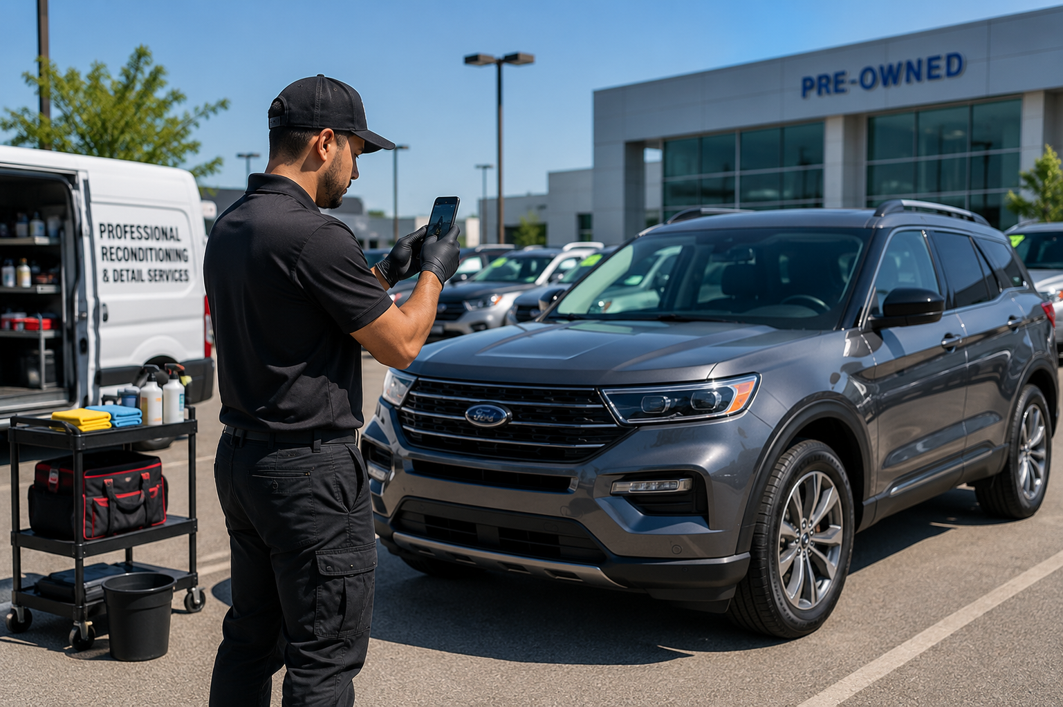 Automotive reconditioning technician photographing a freshly prepared vehicle on a dealership lot